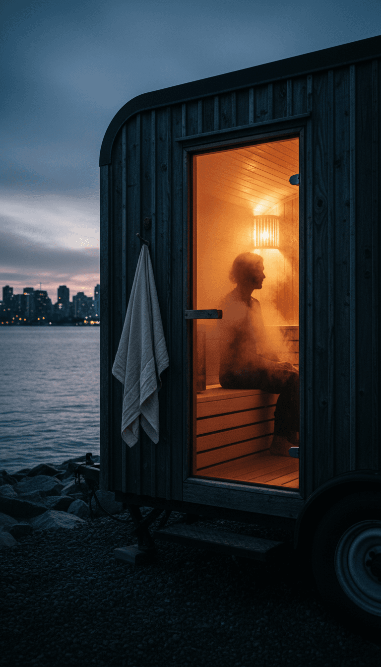 Interior of a mobile sauna with steam rising in warm amber light