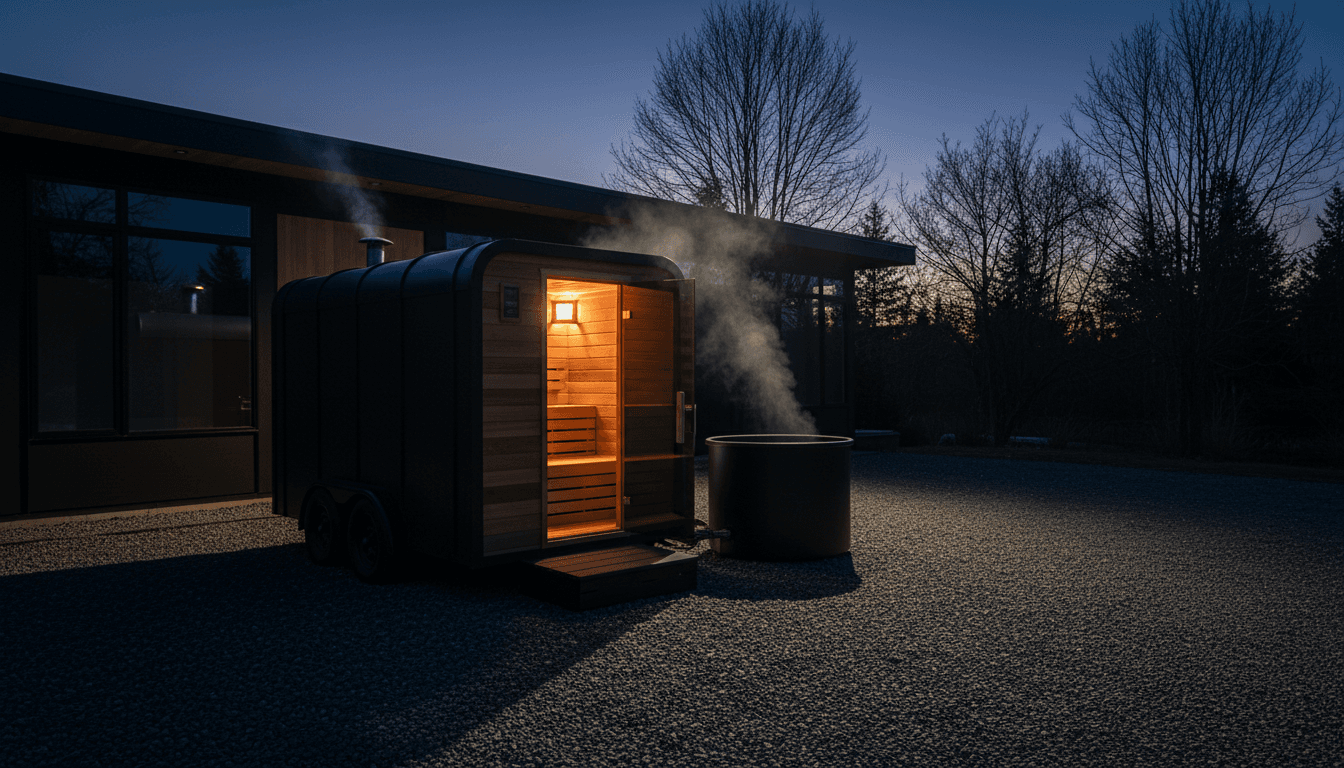 Mobile sauna and cold plunge setup at a Vancouver home at dusk with interior glow