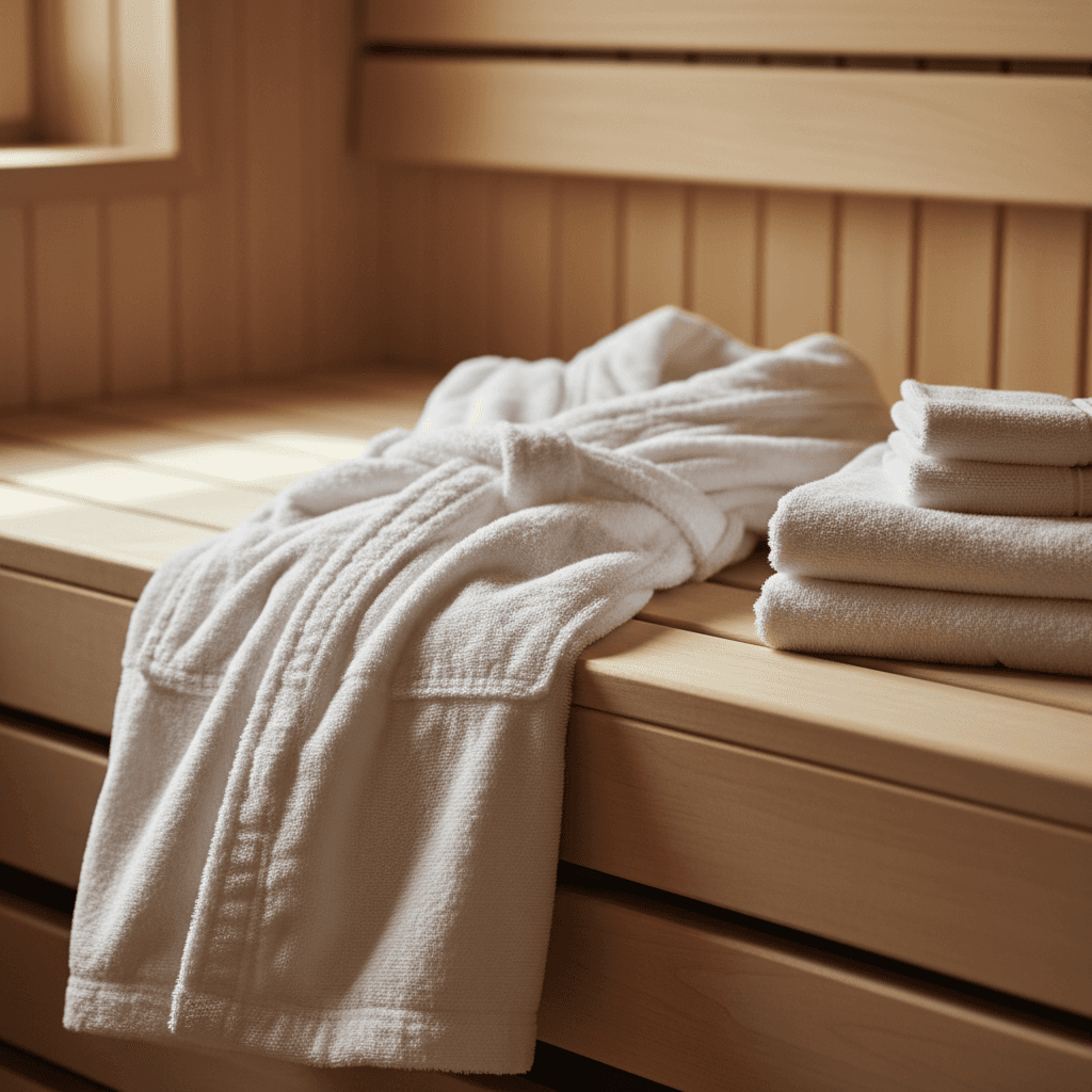 Albornoz de algodón blanco y toalla doblada sobre un banco de madera de la sauna