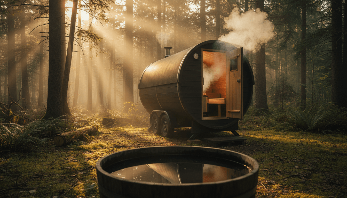 Mobile sauna and cold plunge setup in a Vancouver forest clearing at golden hour
