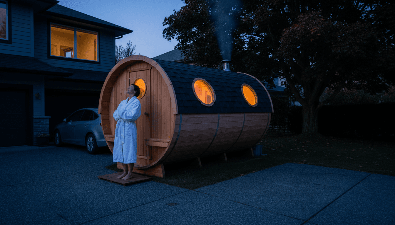 Sauna de cedro móvil instalada en una entrada privada en Vancouver al anochecer, con vapor saliendo del techo e iluminación cálida