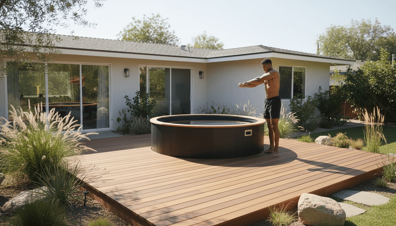 Piscina de inmersión en agua fría cristalina con plataforma minimalista, tonos azules fríos, entorno de recuperación deportiva.