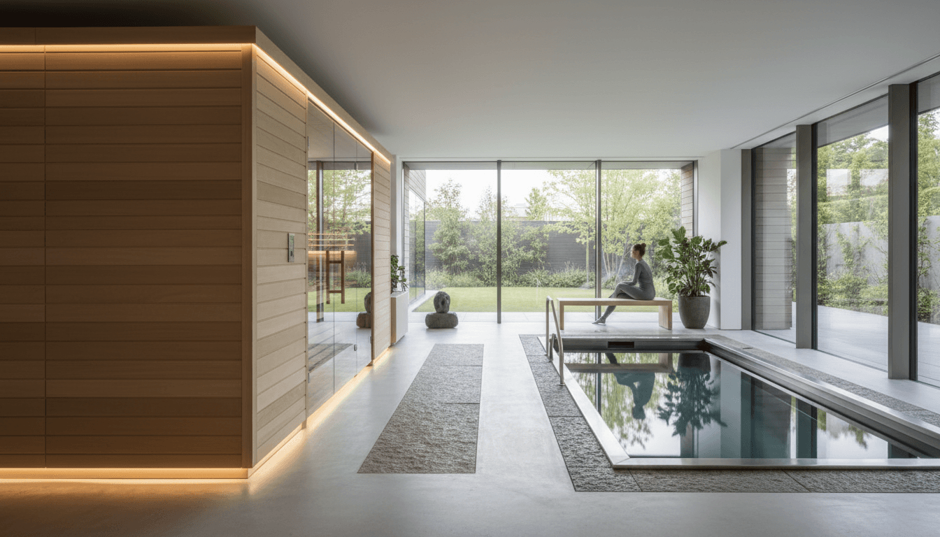Instalación de sauna e inmersión en agua fría en un jardín privado, contraste de ambientes cálidos y fríos, santuario de bienestar.