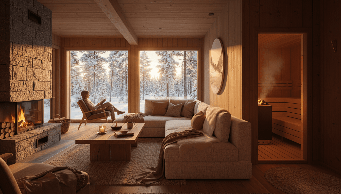 Interior de una sauna nórdica con bancos de madera y luz dorada tenue, diseño escandinavo minimalista con vapor ascendente.