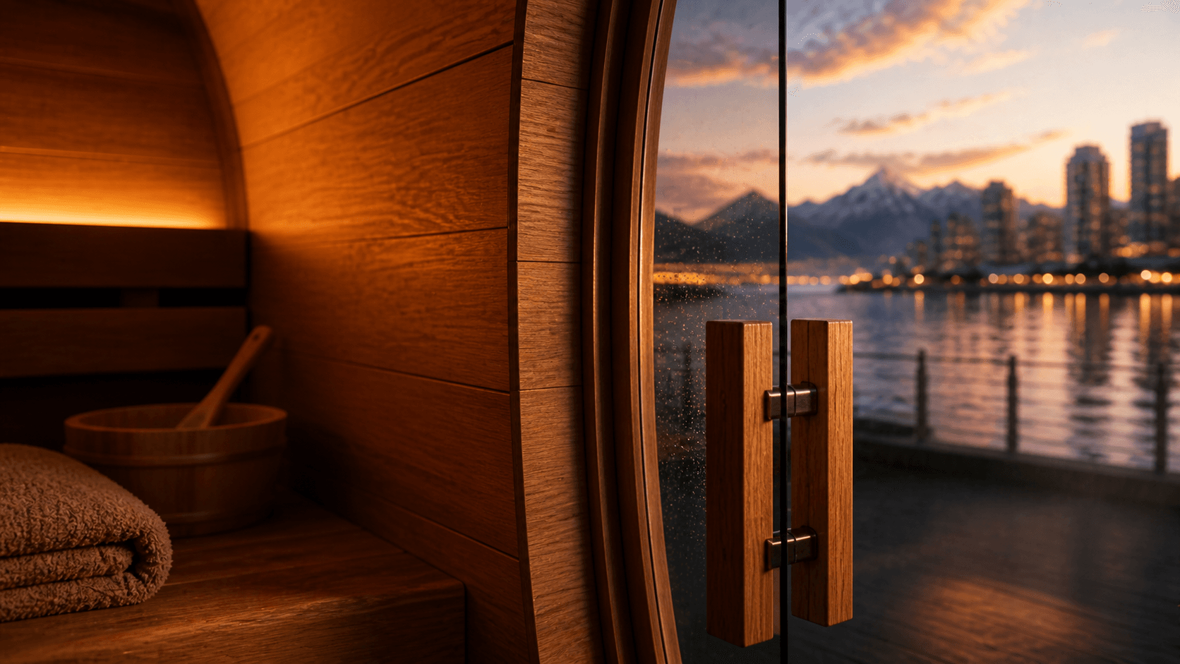 Wooden sauna interior overlooking a city skyline and snow-capped mountains during a golden sunset.