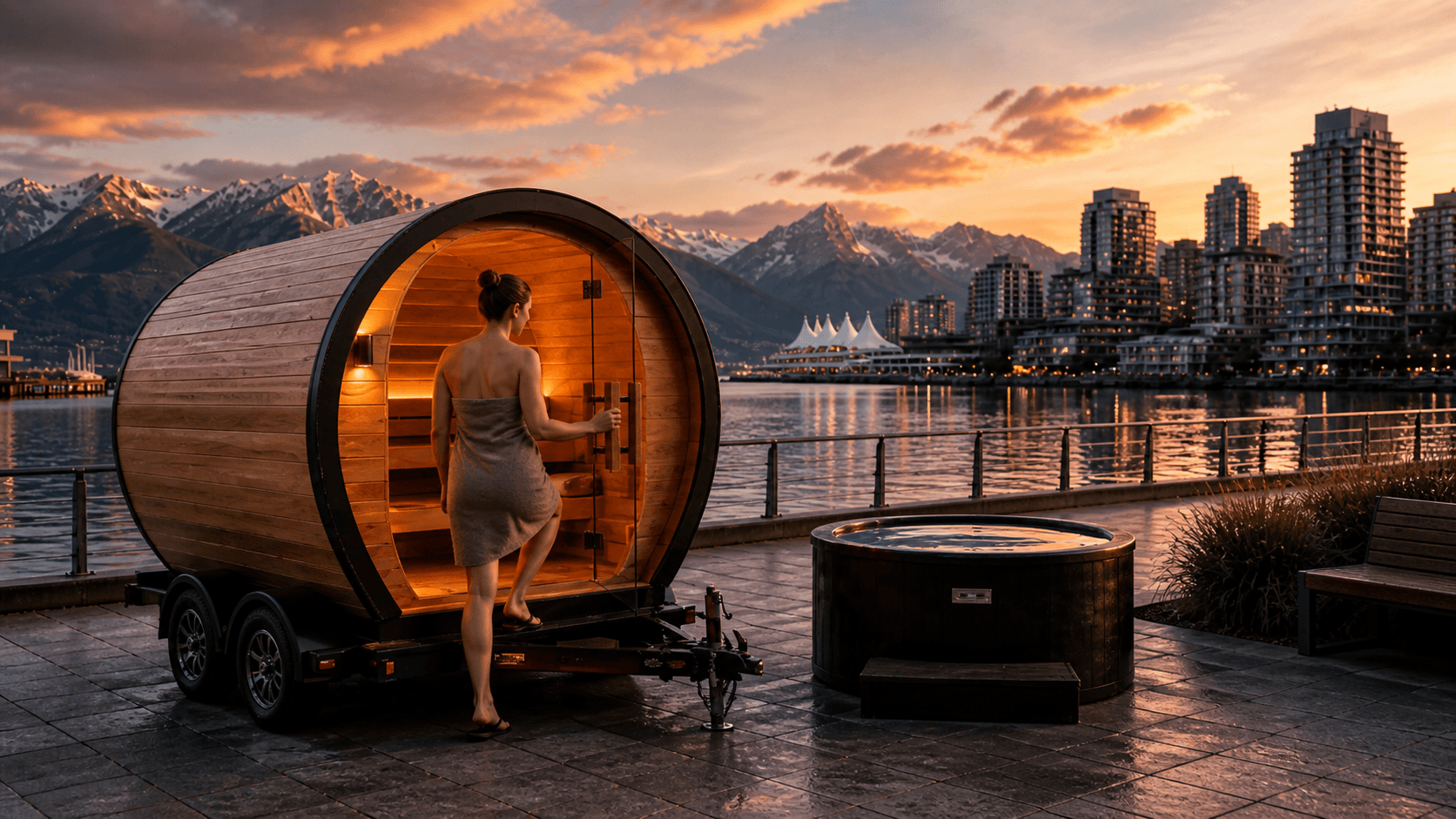 Woman enters a barrel sauna on a trailer overlooking a city skyline and snowy mountains.